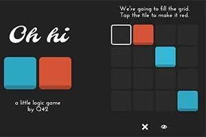 검은 배경에 파란색과 빨간색 타일이 그리드에 놓여 있으며, 상단에는 Oh hi라는 텍스트가 있다
