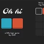 검은 배경에 파란색과 빨간색 타일이 그리드에 놓여 있으며, 상단에는 Oh hi라는 텍스트가 있다