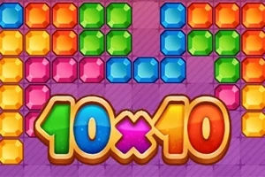 다양한 색상의 보석 블록들이 격자에 배치되어 있고, 가운데에 10x10이라는 텍스트가 있는 이미지