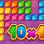 다양한 색상의 보석 블록들이 격자에 배치되어 있고, 가운데에 10x10이라는 텍스트가 있는 이미지
