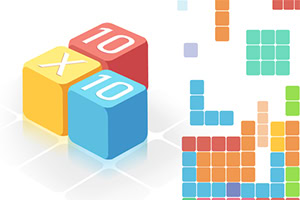 다양한 색상의 블록과 10 x 10이 쓰인 큐브 두 개