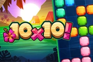 화려한 블록과 열대풍 해변 배경 위에 10x10!