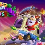 산타클로스가 보석과 사탕이 흩날리는 하늘을 나는 수레를 타고 있는 장면