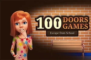 벽돌 배경 앞에 놀란 표정을 짓고 있는 별무늬 옷을 입은 소녀와 100 DOORS GAMES: Escape from School 글자가 있는 이미지