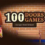 벽돌 배경 앞에 놀란 표정을 짓고 있는 별무늬 옷을 입은 소녀와 100 DOORS GAMES: Escape from School 글자가 있는 이미지