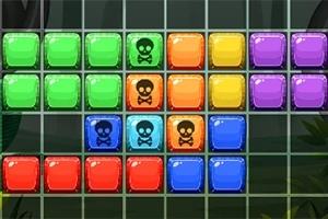 다양한 색상의 블록들이 격자에 배열되어 있으며, 일부 블록에는 해골 문양이 그려져 있다