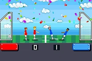 픽셀 아트 스타일로 두 팀의 선수들이 축구 경기장에서 서로 맞서고 있으며 하늘에는 구름과 색색의 종이가 흩날리고 있습니다