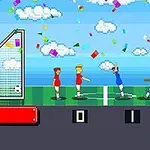 픽셀 아트 스타일로 두 팀의 선수들이 축구 경기장에서 서로 맞서고 있으며 하늘에는 구름과 색색의 종이가 흩날리고 있습니다