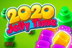 형형색색의 젤리 블록과 2020 Jelly Time이라는 텍스트가 녹색 배경 위에 있는 이미지