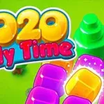 형형색색의 젤리 블록과 2020 Jelly Time이라는 텍스트가 녹색 배경 위에 있는 이미지