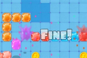 파란 바탕에 주황색과 빨간 보석들이 배치되어 있고, 중앙에 FINE!