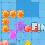 파란 바탕에 주황색과 빨간 보석들이 배치되어 있고, 중앙에 FINE!