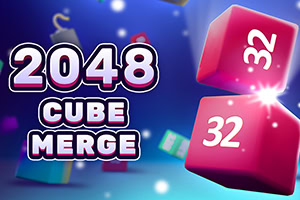 파란 배경에 2048 CUBE MERGE라는 글자와 숫자 32가 적힌 분홍색 정육면체 블록 두 개가 빛나는 효과와 함께 떠 있는 장면