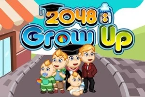 다섯 명의 캐릭터가 도로 위에 서 있으며, 위에 2048 Grow Up이라는 텍스트가 있는 이미지