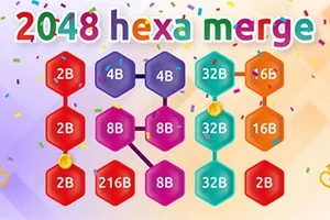 여러 색상의 육각형 블록이 숫자와 함께 배열되어 있고, 상단에 2048 hexa merge라는 텍스트가 있는 이미지