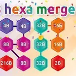 여러 색상의 육각형 블록이 숫자와 함께 배열되어 있고, 상단에 2048 hexa merge라는 텍스트가 있는 이미지