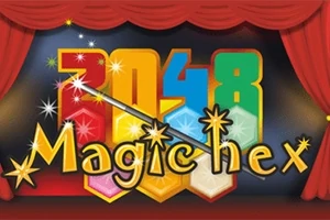 빨간 커튼 배경에 반짝이는 마법 지팡이와 함께 2048 Magic hex라는 글자가 있는 이미지