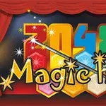 빨간 커튼 배경에 반짝이는 마법 지팡이와 함께 2048 Magic hex라는 글자가 있는 이미지