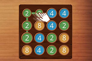 나무 판자 위에 숫자 2, 4, 8이 적힌 다양한 색의 원들이 배열되어 있고, 손 모양이 숫자 2를 연결하고 있다