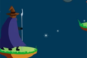 마법 모자를 쓴 마법사가 지팡이를 들고 둥 떠 있는 섬 위에 서 있는 모습