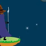 마법 모자를 쓴 마법사가 지팡이를 들고 둥 떠 있는 섬 위에 서 있는 모습