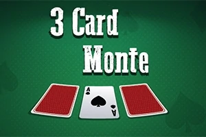 녹색 배경 위에 세 장의 카드가 있고 중앙 카드는 스페이드 에이스이며, 위쪽에는 3 Card Monte라는 텍스트가 있다