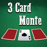 녹색 배경 위에 세 장의 카드가 있고 중앙 카드는 스페이드 에이스이며, 위쪽에는 3 Card Monte라는 텍스트가 있다