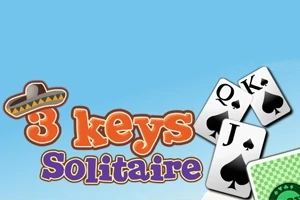 파란 하늘 배경에 카드를 들고 있는 3 keys Solitaire라는 텍스트와 스페이드 퀸, 킹, 잭 카드 이미지