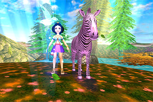 숲속의 꽃밭에 서 있는 소녀와 얼룩말