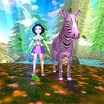 숲속의 꽃밭에 서 있는 소녀와 얼룩말