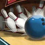 파란색 볼링공이 핀들을 쓰러뜨리는 장면