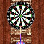 벽에 걸린 다트판과 그 아래 배트가 놓여 있는 장면