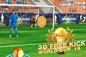 축구 경기장에서 골대 앞에 선 선수와 3D FREE KICK WORLD CUP 18이라는 글자와 축구공 트로피 이미지