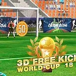 축구 경기장에서 골대 앞에 선 선수와 3D FREE KICK WORLD CUP 18이라는 글자와 축구공 트로피 이미지
