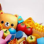 다양한 음식 모양의 귀여운 만화 캐릭터와 오브젝트들이 모여 있는 이미지