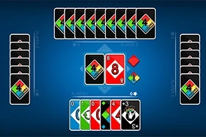 여러 색상의 숫자 카드가 테이블에 놓여 있고, 플레이어 카드가 양쪽에 배치된 이미지