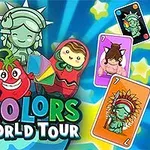 캐릭터들이 웃고 있는 카드 게임 테마 이미지로, 자유의 여신상과 다양한 문화적 요소들이 포함되어 있다