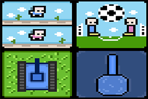 픽셀 아트 스타일로 표현된 사람, 축구공, 탱크, 집게 이미지