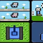 픽셀 아트 스타일로 표현된 사람, 축구공, 탱크, 집게 이미지