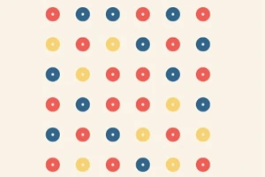 빨강, 파랑, 노랑 색상의 원형 도형들이 격자 형태로 배열되어 있습니다