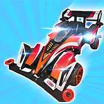 빨간색과 검은색이 조합된 미래 지향적인 장난감 자동차가 파란색 배경 위에 빛나고 있다