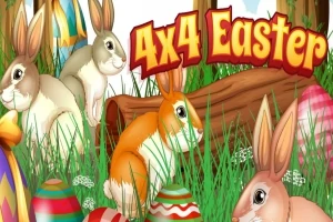 토끼들이 알록달록한 부활절 달걀 및 풀밭과 함께 있는 장면