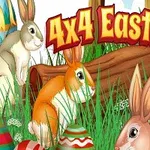 토끼들이 알록달록한 부활절 달걀 및 풀밭과 함께 있는 장면