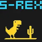 파란색 글씨로 S-REX가 쓰여 있고, 노란색 공룡과 선인장이 있는 픽셀 아트 이미지