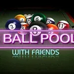 수영장 당구대에 여러 개의 당구공이 놓여 있고, 8 BALL POOL WITH FRIENDS라는 네온 사인이 보인다