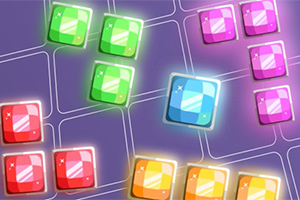 다양한 색상의 반짝이는 사각형 블록들이 보라색 격자 배경 위에 배치된 이미지