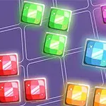 다양한 색상의 반짝이는 사각형 블록들이 보라색 격자 배경 위에 배치된 이미지