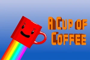 빨간색 얼굴이 있는 커피컵에서 무지개가 나오고 있으며, 옆에 A CUP OF COFFEE라는 글자가 있다