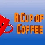 빨간색 얼굴이 있는 커피컵에서 무지개가 나오고 있으며, 옆에 A CUP OF COFFEE라는 글자가 있다