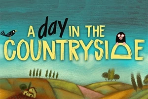 파란 하늘 아래 언덕과 농가, 나무, 그리고 새와 두더지가 그려진 그림